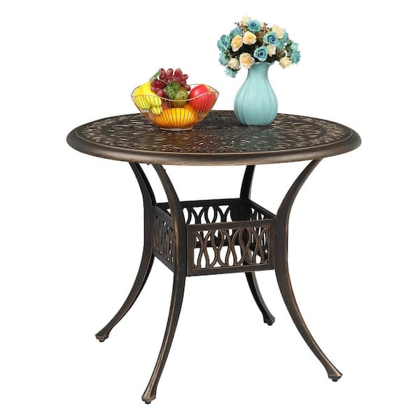 VINGLI Bronze 35.4 in. Round Aluminum Outdoor Dining Table with 2 in. Umbrella Hole