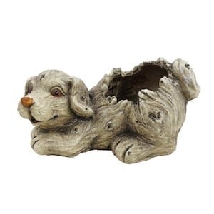5 in. W Playful Dog Resin Planter with Drainage Hole, Gray, Polyresin