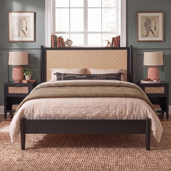 Black Rubber Wood Frame Queen Size Platform Bed with Rattan Headboard, Wooden Slats Support