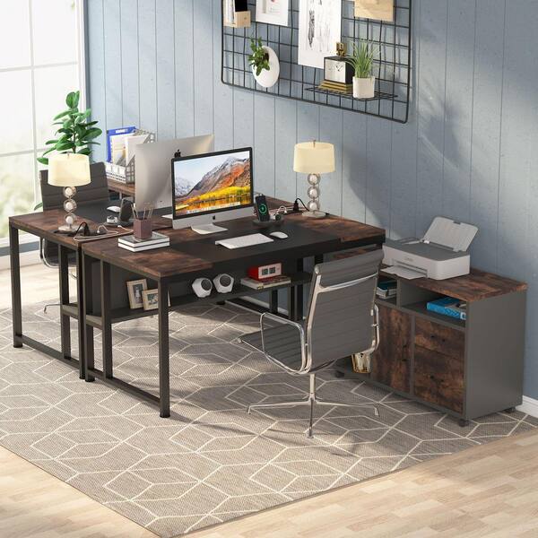 BYBLIGHT Capen 87 in. L Shaped Brown Engineered Wood 2 Drawer Executive Desk  with 51 in. File Cabinet Home Office Computer Desk BB-F1658XF - The Home  Depot