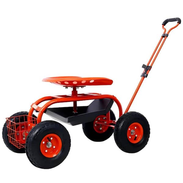 Huluwat Rolling 42.5 in. Garden Scooter Garden Cart Seat in Red with Wheels, Tool Tray, 360 Swivel Seat and Extendable Handle