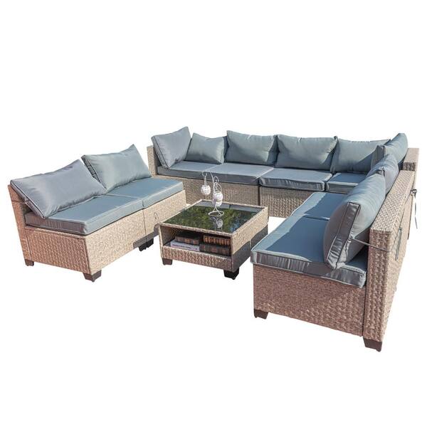 Tatayosi 9-Piece Wicker Patio Conversation Sectional Set, Outdoor Furniture Set with Grey Cushions