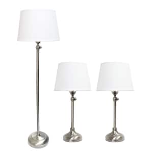 58 .5 in. Brushed Nickel Extendable 3 Piece Metal Lamp Set (2 Table Lamps, 1 Floor Lamp) with White Fabric Shades