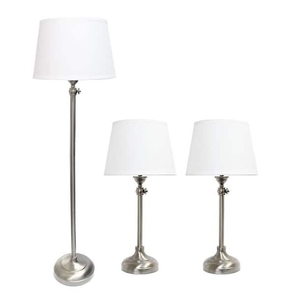 Lalia Home 58 .5 in. Brushed Nickel Extendable 3 Piece Metal Lamp Set (2 Table Lamps, 1 Floor Lamp) with White Fabric Shades