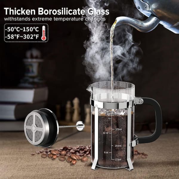 Numhew 3-Cup Silver French Press Coffee Maker with 4-Filter, 21 oz.  Borosilicate Glass Coffee Press V2B4H3B7