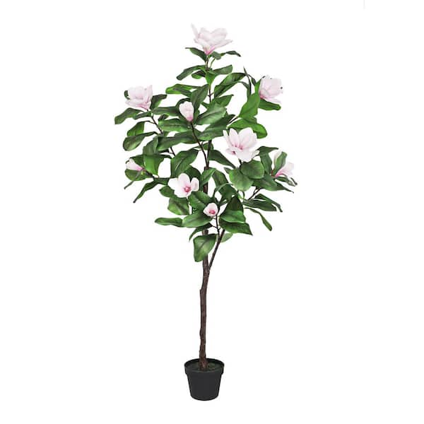 LIVING LUXURY 5 ft. Real Touch Pink White Artificial Magnolia Flower Tree in Black Pot