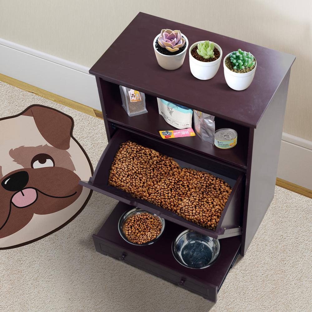 Brown MDF Elevated Dog Feeder Station with Storage