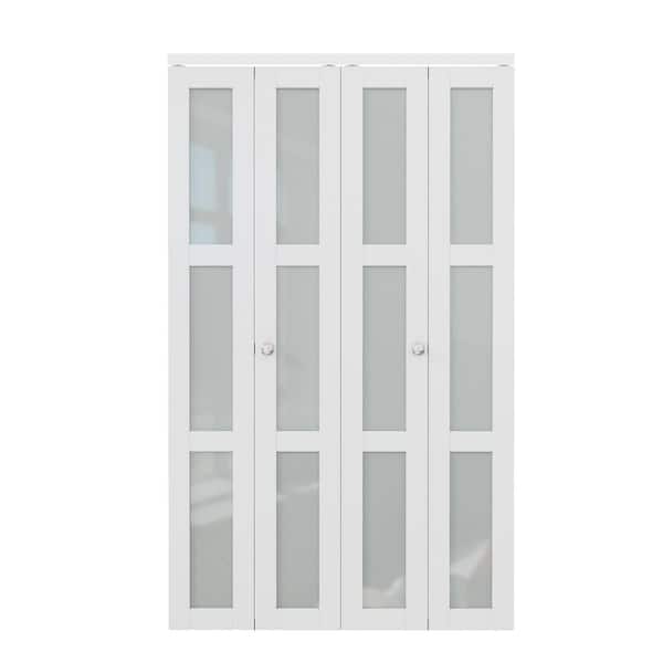 48 in. x 80 in. 3-Lite Tempered Frosted Glass and Solid Core White Finished MDF Closet Bi-Fold Door with Hardware