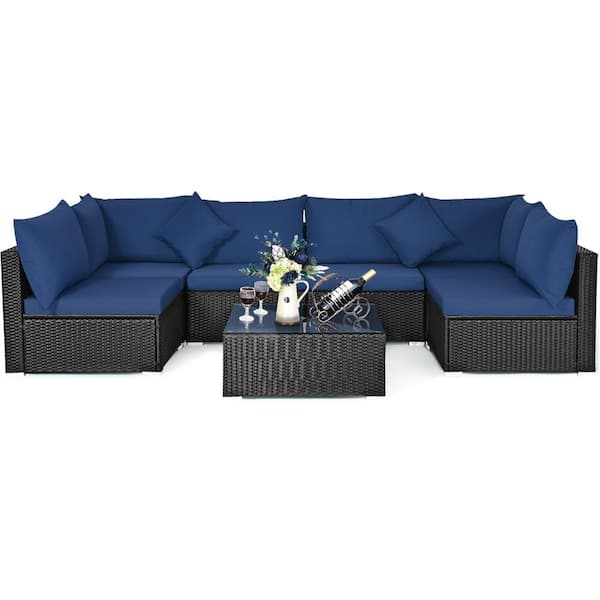 Costway 7-Piece Wicker Patio Conversation Set with Navy Cushions and Table