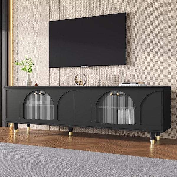 Harper & Bright Designs Black TV Stand Fits TV's up to 78 in. with Arch Fluted Glass Doors, Gold Handles, Cable Holes, Adjustable Shelves