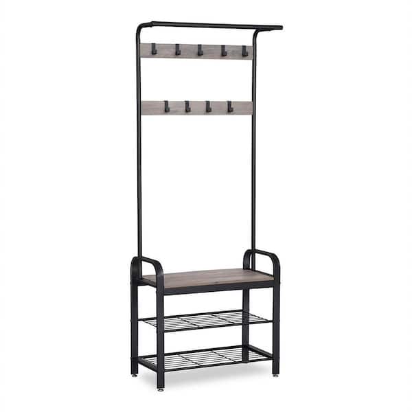 ULSMVOC Industrial Greige and Black Coat Rack, Hall Tree with Shoe Bench for Entryway