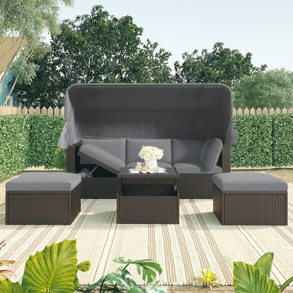 5-Piece Gray Wicker Outdoor Patio Day Bed Furniture Set with Retractable Canopy Side Table and Dark Gray Cushions