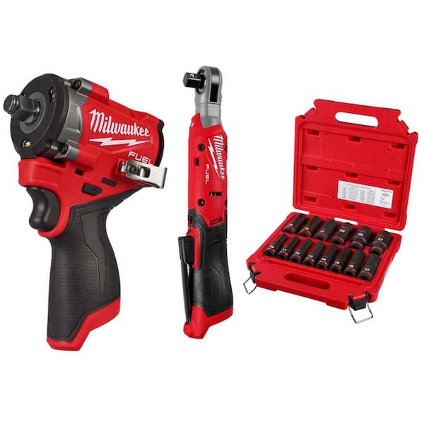 M12 FUEL 12V Lithium-Ion Brushless Cordless Stubby 1/2 in. Impact Wrench, 1/2 in. Cordless Ratchet & Socket Set
