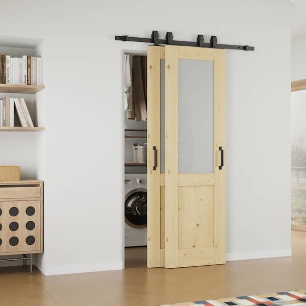 ARK DESIGN 40 in. x 80 in. (Double 24 in.) 1/2-Lite Frosted Glass Unfinished Pine Wood Sliding Barn Door with Hardware Kit Bypass