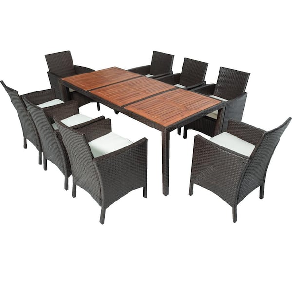 Sudzendf Brown 9-Piece Wicker Patio Outdoor Dining Set with Acacia Wood Top and White Cushion