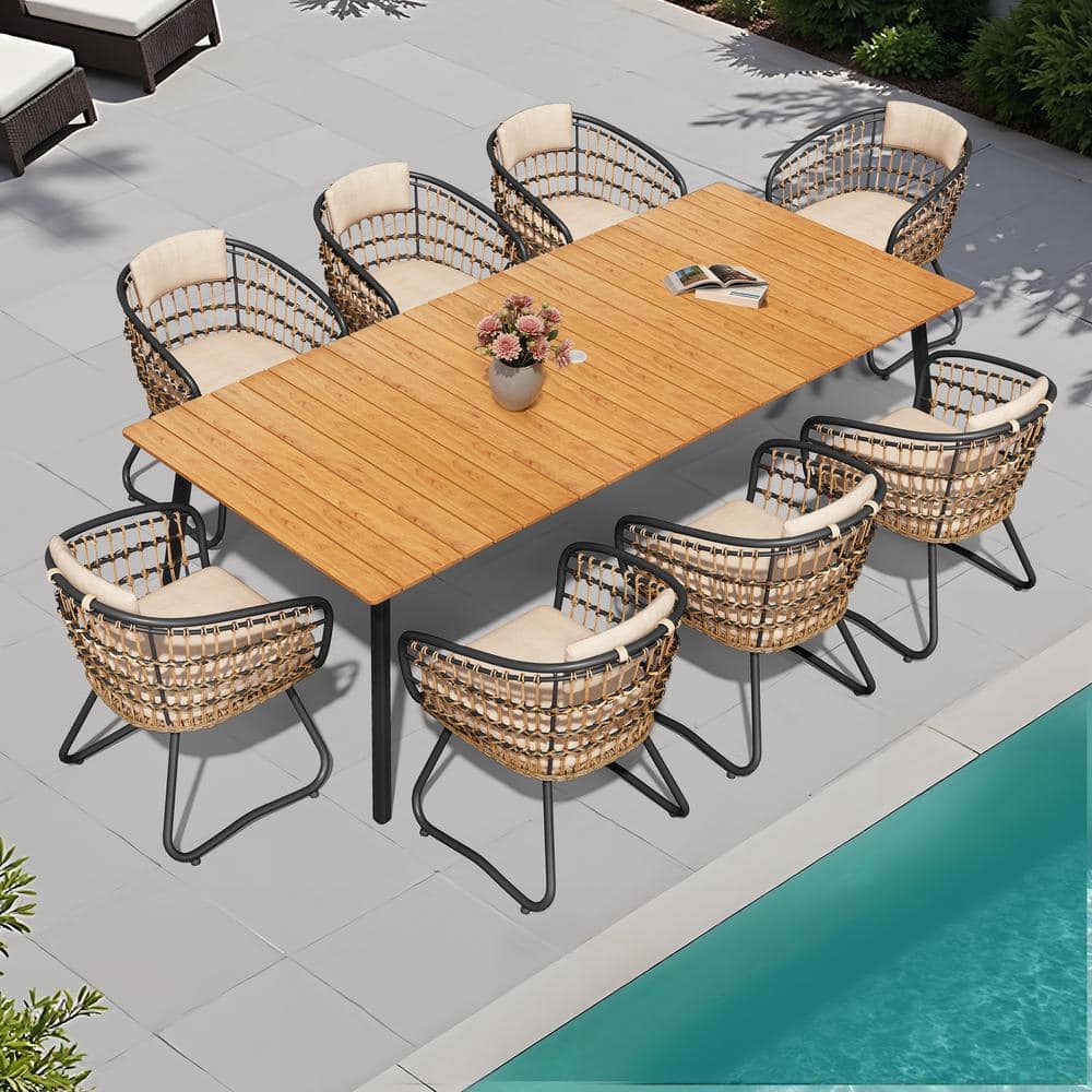 9-Piece Aluminum Wicker Outdoor Dining Set with Beige Cushion and Umbrella Hole price history on PriceWatchPro