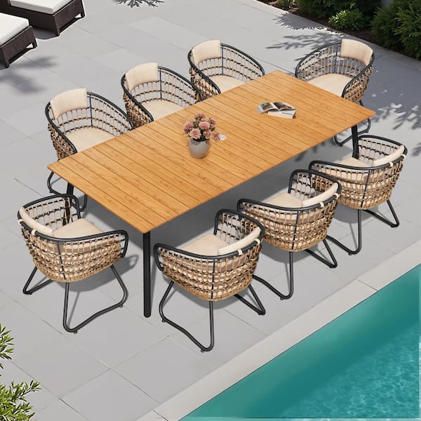 Pellebant 9-Piece Aluminum Wicker Outdoor Dining Set with Beige Cushion and Umbrella Hole
