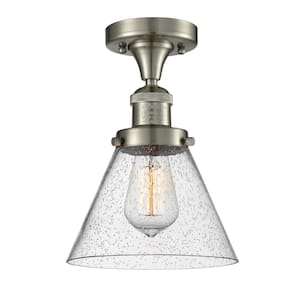 Cone 7.75 in. 1-Light Brushed Satin Nickel Semi-Flush Mount with Seedy Glass Shade