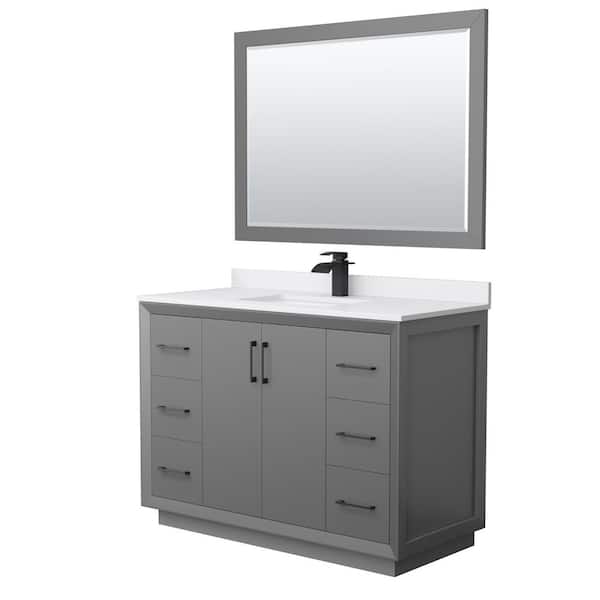 Wyndham Collection Strada 48 in. W x 22 in. D x 35 in. H Single Bath Vanity in Dark Gray with White Cultured Marble Top and 46" Mirror