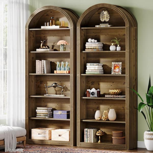 Eulas 77.16 in. Tall Brown Wood 6-Shelf Arched Bookshelf Bookcase Floor Standing Open Display Shelving Unit with Storage