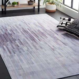Faux Hide Ivory/Light Gray 6 ft. x 6 ft. Machine Washable Striped Abstract Distressed Square Area Rug