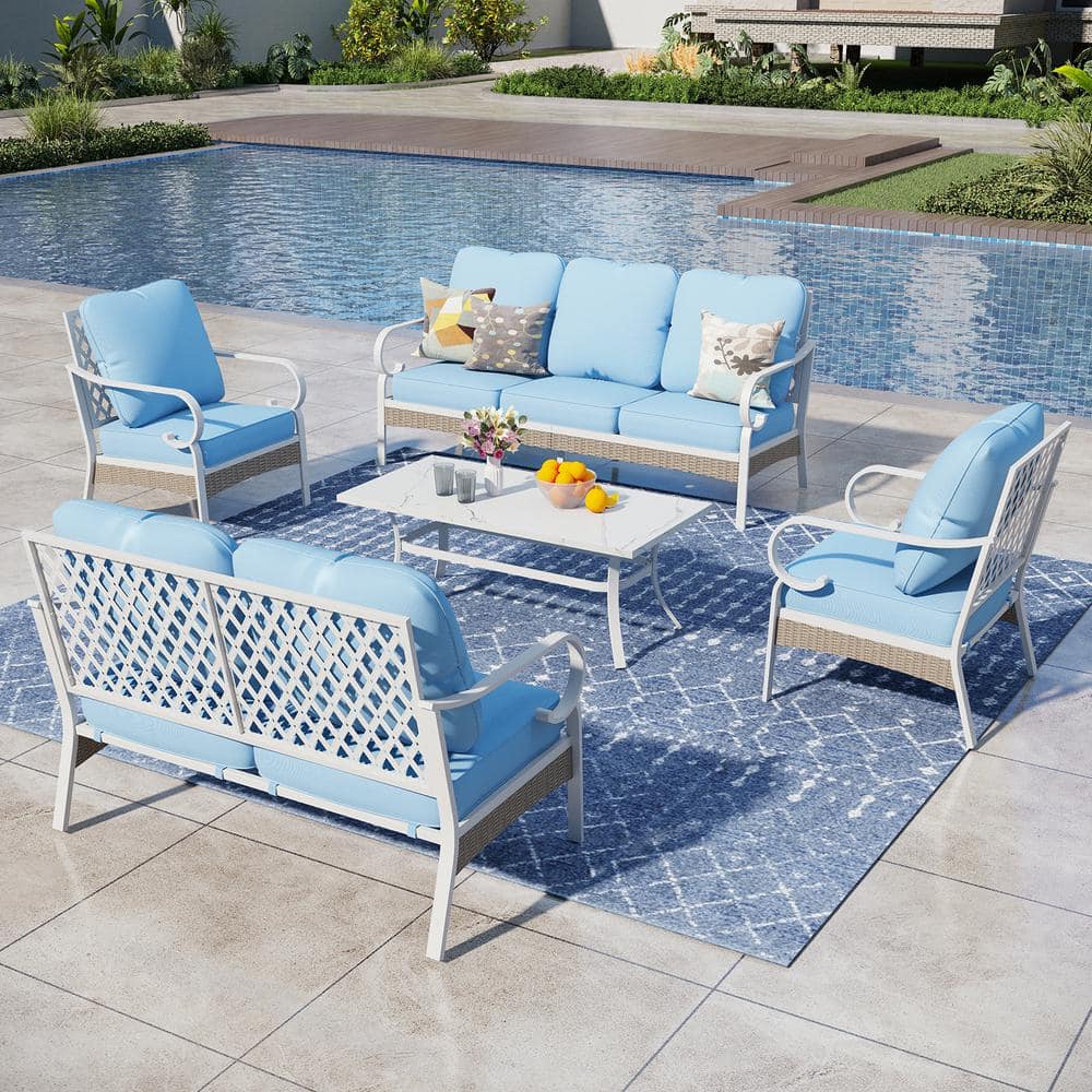 White 5-Piece Metal Outdoor Patio Conversation Seating Set with Marbling Coffee Table and blue Cushions price history on PriceWatchPro