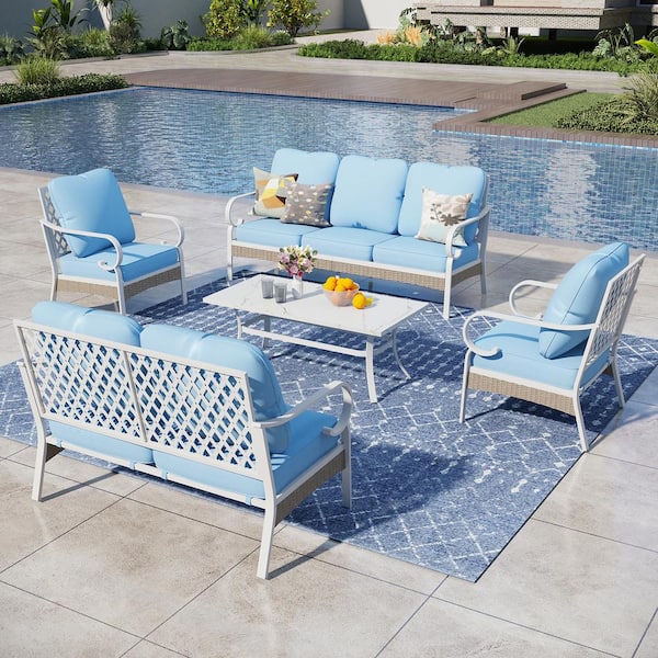 PHI VILLA White 5-Piece Metal Outdoor Patio Conversation Seating Set with Marbling Coffee Table and blue Cushions