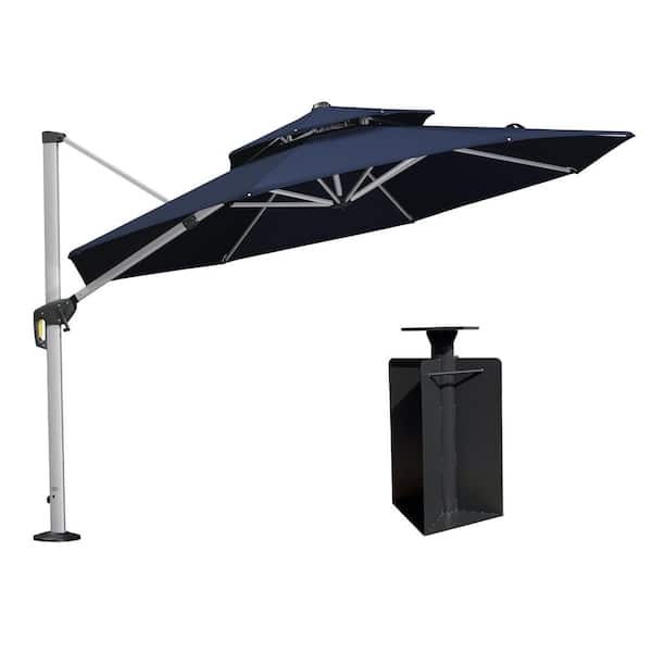 PURPLE LEAF 11 ft. Octagon High-Quality Aluminum Cantilever Polyester Outdoor Patio Umbrella with Base in Ground, Navy Blue