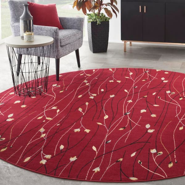 Grafix Red 8 ft. x 8 ft. Floral Contemporary Round Rug