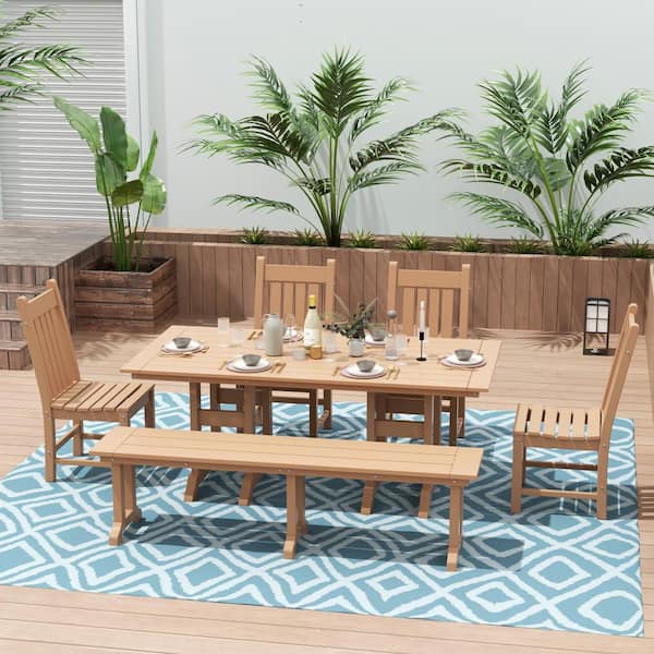 Hayes 65 in. Backless HDPE Plastic Trestle Outdoor Dining 2-Person Patio Garden Bench in Teak