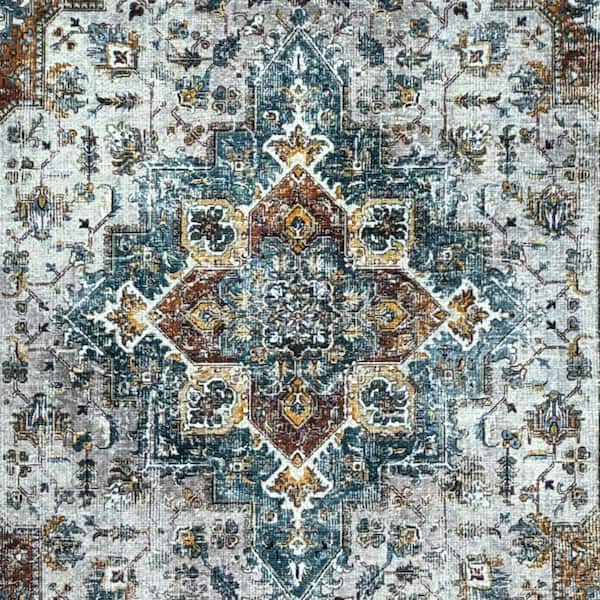 Runner Rug 2 ft. 2 in. x 10 ft. White Cream Medallion Design Low-Pile Non-Slip Hallway Kitchen Runner Rug