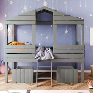 Gray Twin Size Low Loft Wood House Bed with Two Storage Drawers,Roof and Window, Playhouse for Kids