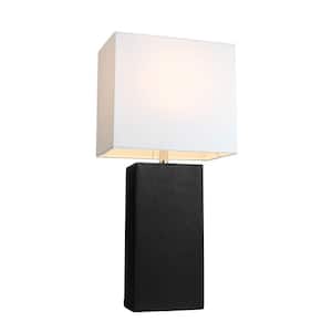 Monaco Avenue 21 in. Modern Black Leather Table Lamp with White Fabric Shade