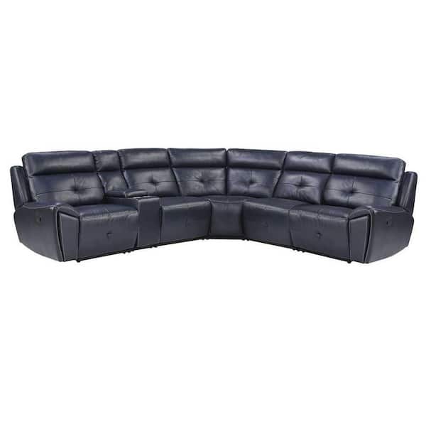EVERGLADE HOME Helix 108 in. W Square Arm Faux Leather 6-Piece L-Shaped Modular Reclining Sectional in Navy Blue