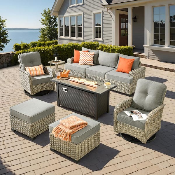 HOOOWOOO Kelleys 9-Piece Wicker Modern Outdoor Patio Fire Pit Conversation Sofa Set with Swivel Chairs and Dark Grey Cushions