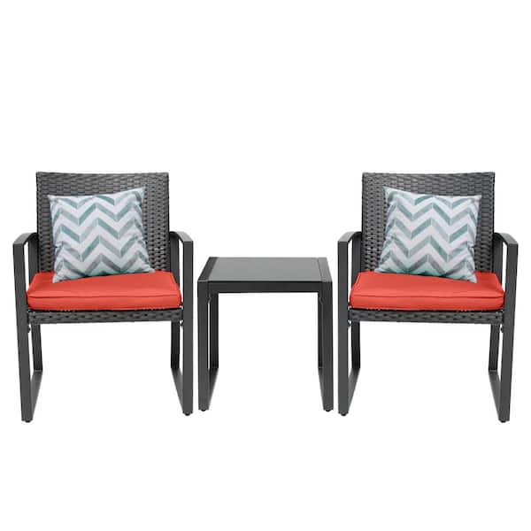 Pyramid Home Decor Lunar Outdoor 3-Piece Bistro Set Black Wicker Furniture-2 Chairs with Glass Coffee Table-Red