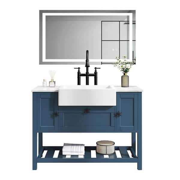 Interbath 48 in. W x 20 in. D x 33.6 in. H Single Sink Bathroom Vanity in Blue Oak with Top in White Ceramic Basin and Mirror