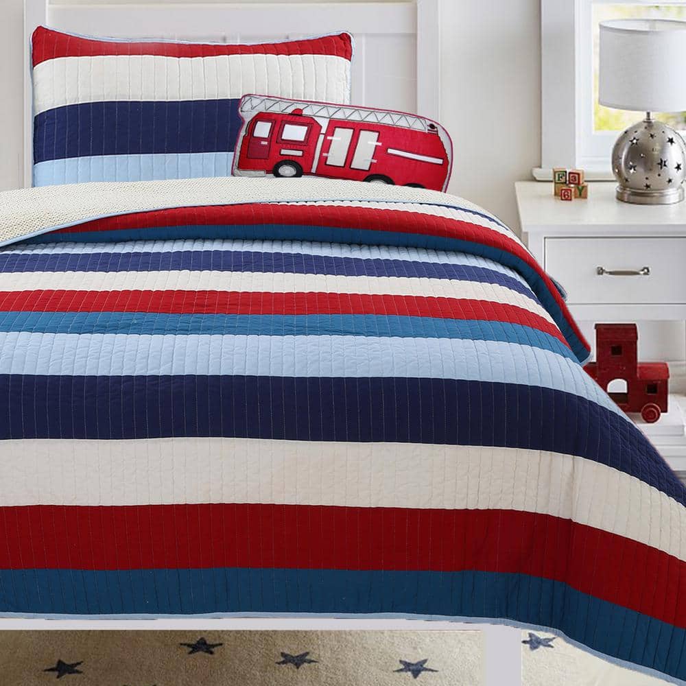 Navy and Red Striped Cotton Reversible Queen Quilt Set