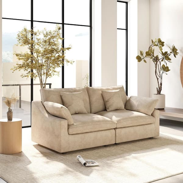 82.68 in. W Square Arm Linen Upholstered Rectangle 2-Seater Sectional Sofa in. khaki