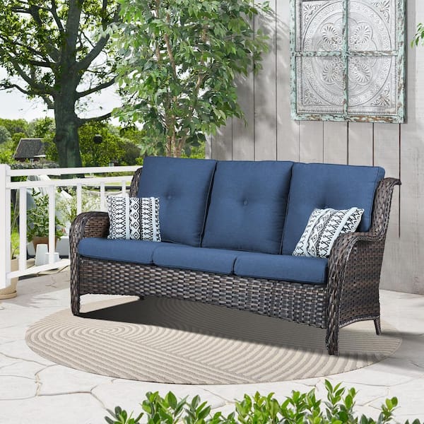 Opohoro ArcoBay Metal and Brown Wicker Outdoor 3-Seat Sectional Couch Sofa with Olefin Navy Blue Cushions