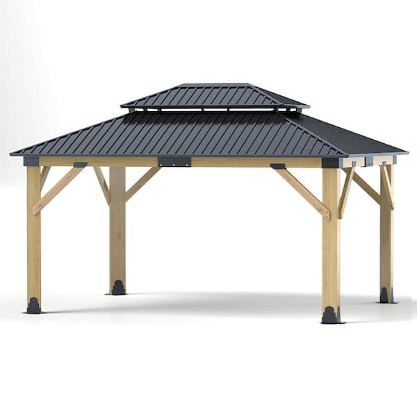 COVERONICS 13 ft. x 15 ft. Outdoor Solid Wood Frame Hardtop Gazebo with Double Galvanized Steel Roof and Ceiling Hook for Patio