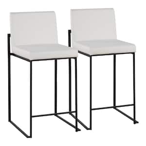 Fuji 35.5 in. White Faux Leather and Black Steel High Back Counter Height Bar Stool (Set of 2)
