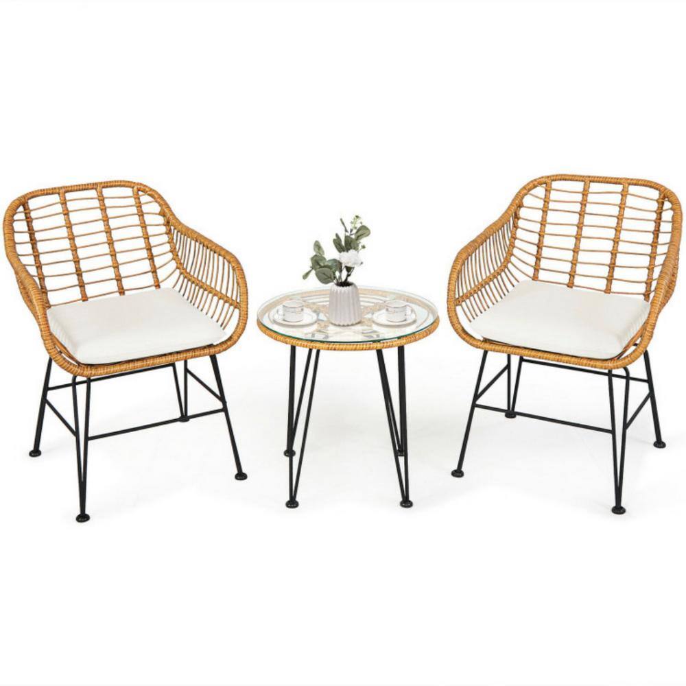 3-Piece Wicker Outdoor Patio Conversation Set Rattan Bistro Set with White Cushions and Table price history on PriceWatchPro