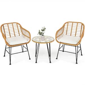 3-Piece Wicker Outdoor Patio Conversation Set Rattan Bistro Set with White Cushions and Table