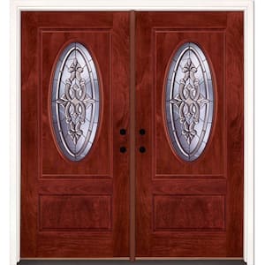 74 in.x81.625 in. Silverdale Patina 3/4 Oval Lite Stained Cherry Mahogany Left-Hand Fiberglass Double Prehung Front Door