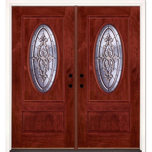 Feather River Doors 74 in.x81.625 in. Silverdale Patina 3/4 Oval Lite Stained Cherry Mahogany Left-Hand Fiberglass Double Prehung Front Door