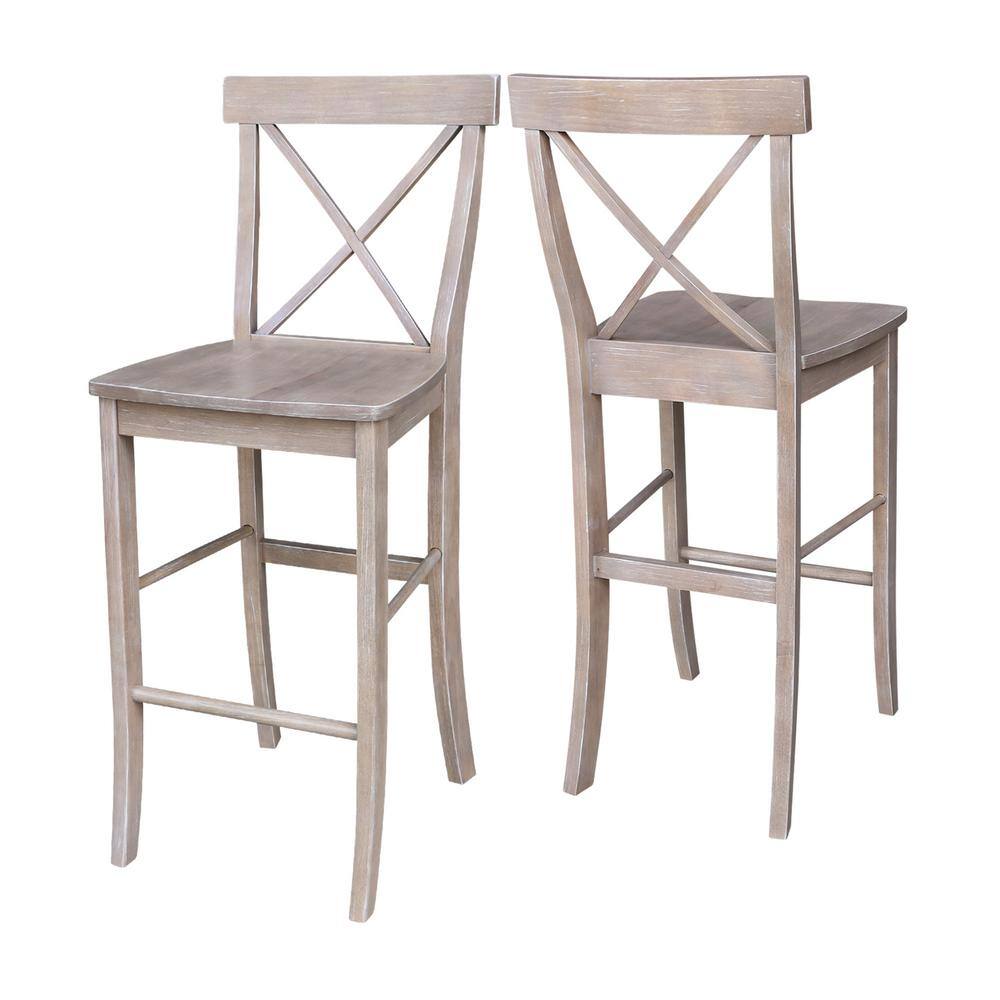 Weathered Gray Solid Wood Bar Height Dining Set with Round Pedestal Table and Cross Back Stools