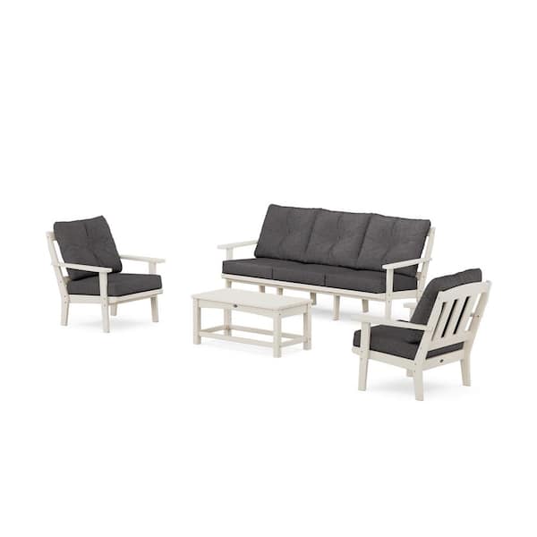 Trex Outdoor Furniture Cape Cod 4-Piece Plastic Patio Conversation Set with Sofa in Sand Castle/Ash Charcoal Cushions