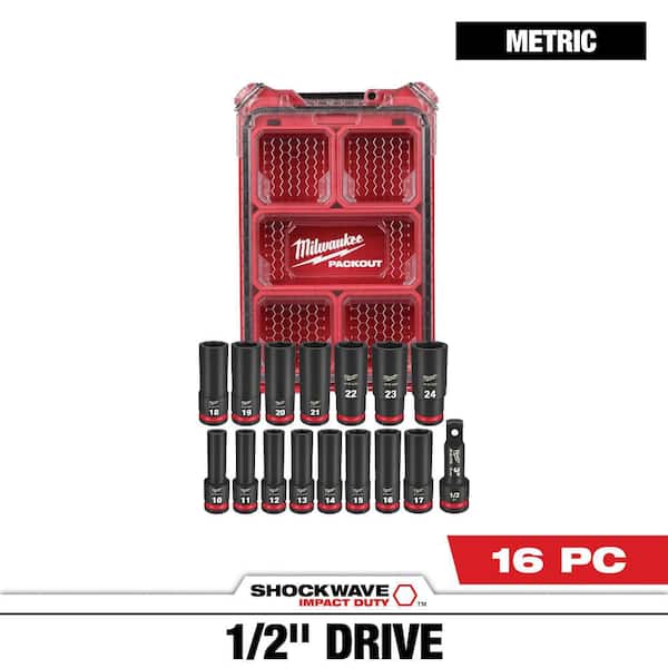 SHOCKWAVE Impact Duty 1/2" Drive Metric Deep Well PACKOUT Socket Set (16-Piece)