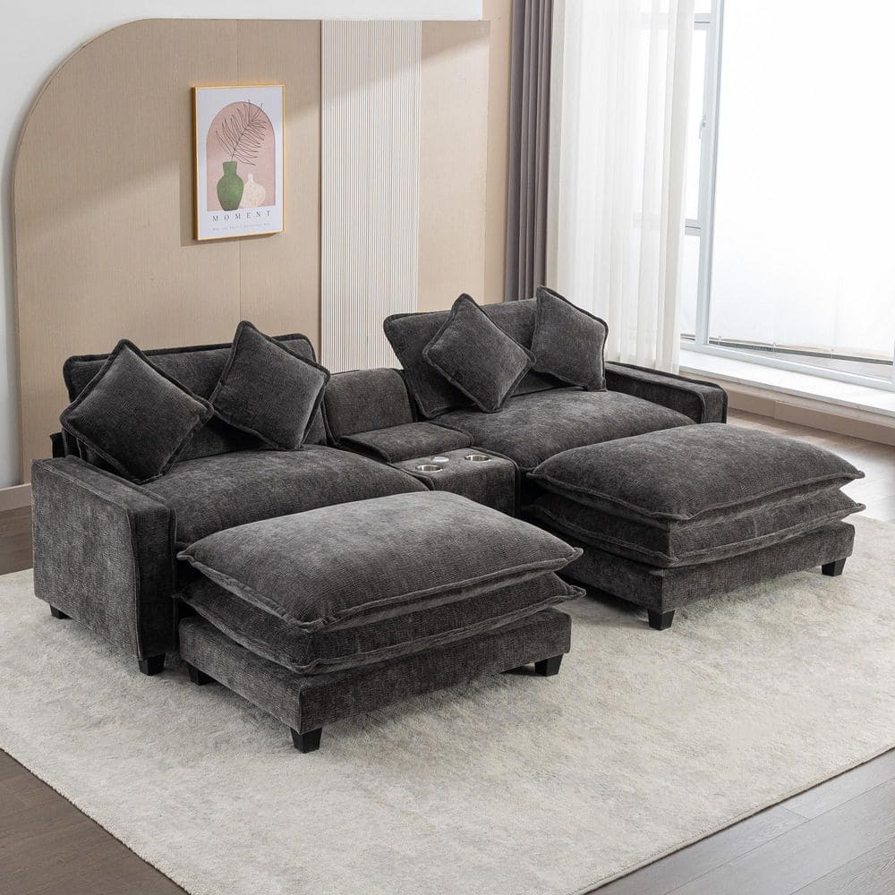 112.6 in. Chenille Sectional Sofa in Dark Gray with 2 Removable Ottomans, USB Ports, Cup Holders, Storage Box
